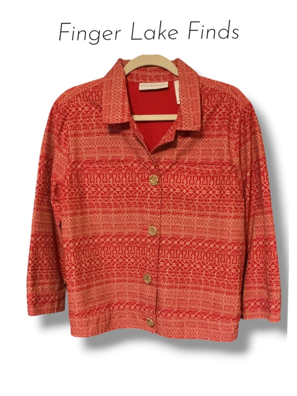 First Issue Coral Red Patterned Button Front Cotton Jacket, XL
